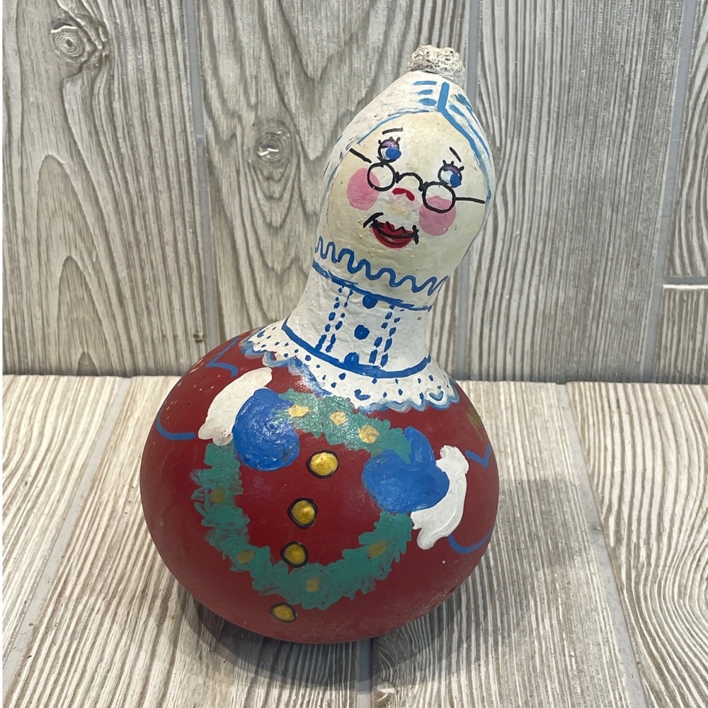Hand Painted Mrs Claus Gourd Folk Art Christmas Figurine Holiday Decor Red